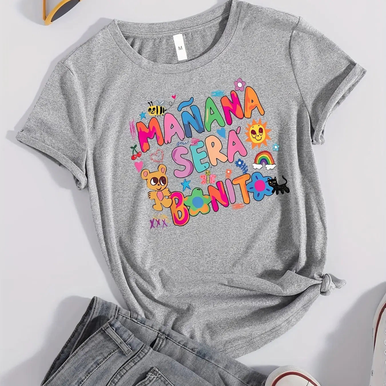 Cartoon Print Women T-Shirt, Short Sleeve Crew Neck Casual Top for Summer & Spring, Women's Clothing