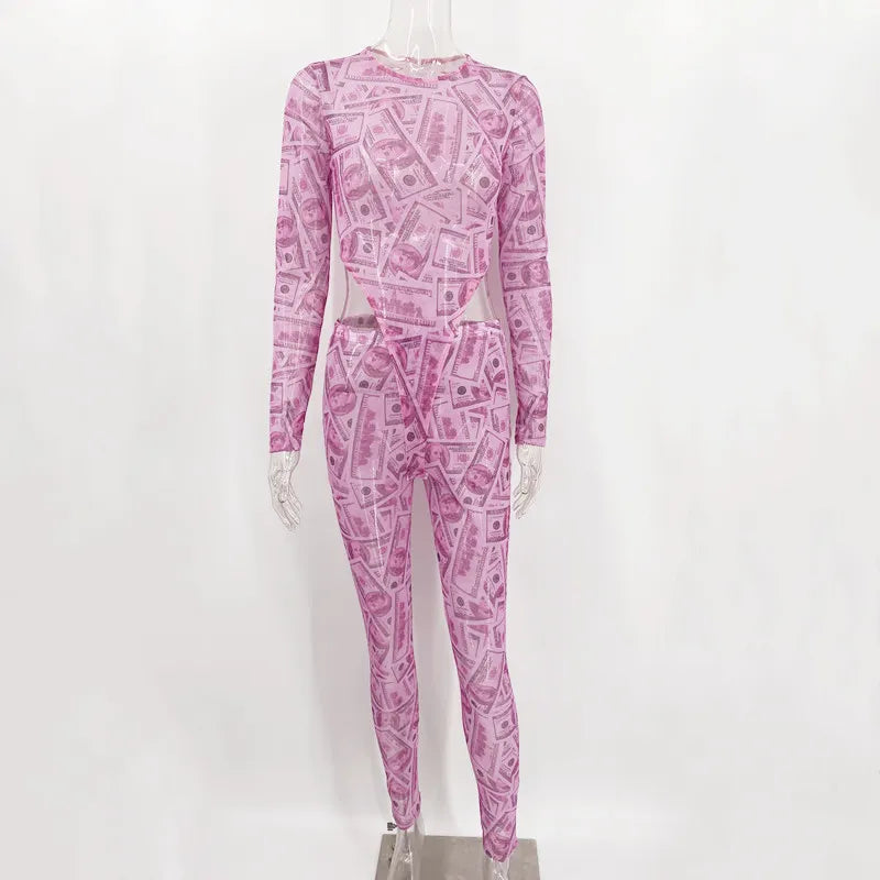 Joskaa Mesh Print Night Club Long Sleeve Bodysuit & Pants 2 Pieces Set Outfits Fashion Outwear Autumn 2020 Tracksuit Woman