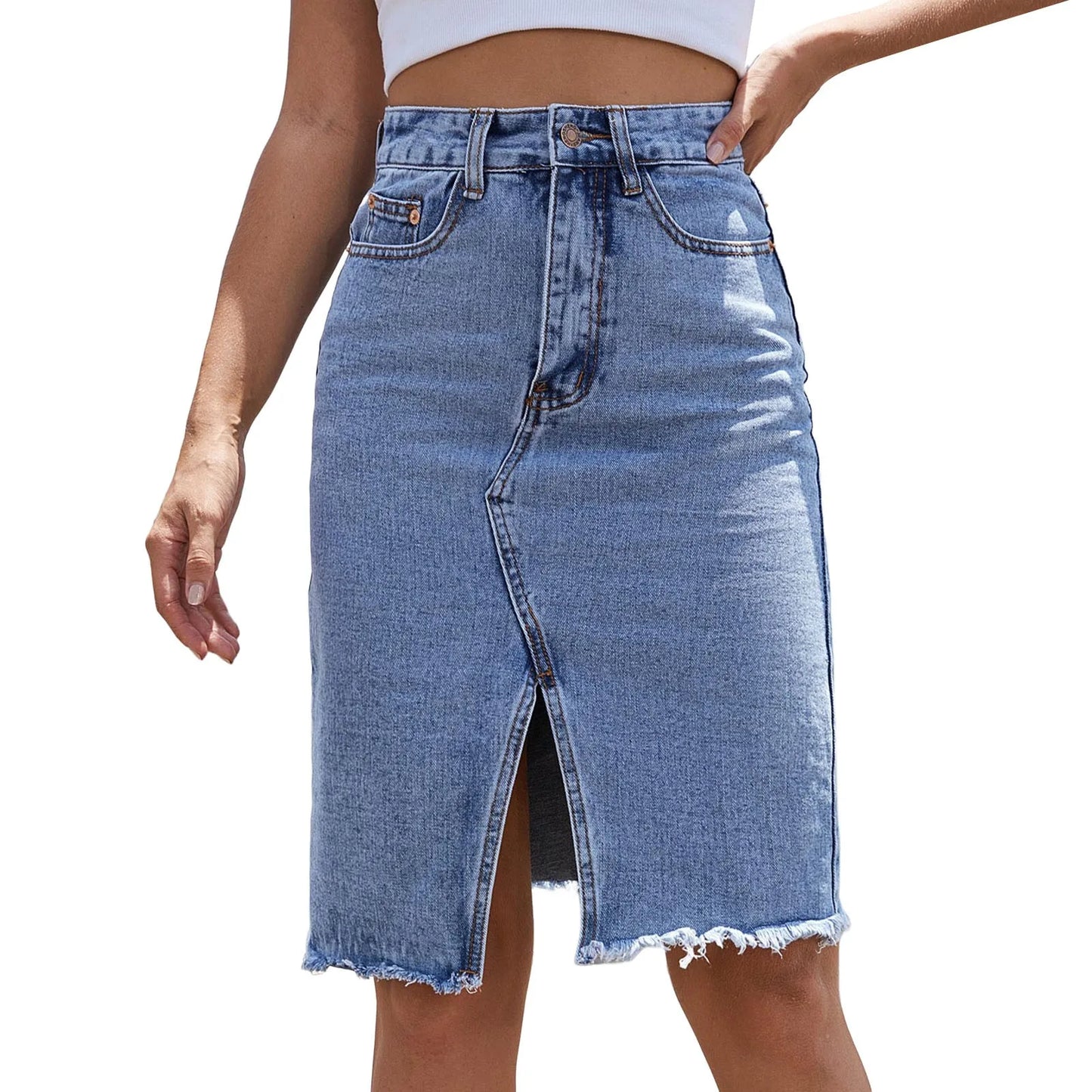 Jean Skirts for Women Summer High Waist Mid Length Front Slit Wrap Hip Denim Skirt Casual Temperament Denim Pencil Skirt