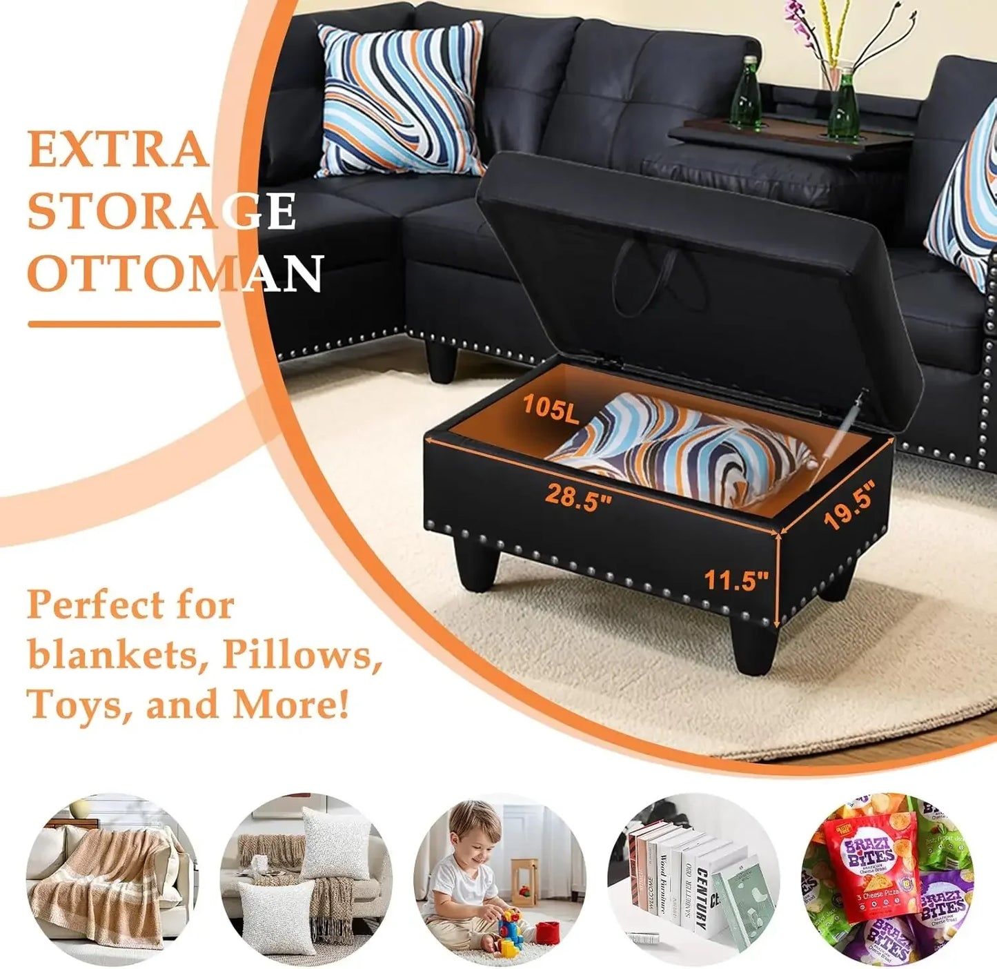 Sectional Sofa Couch, Modern 4-Seaters Living Room Furniture Sets, with Chaise Lounge, Ottoman & 2 Pillows | L Shape Couch.
