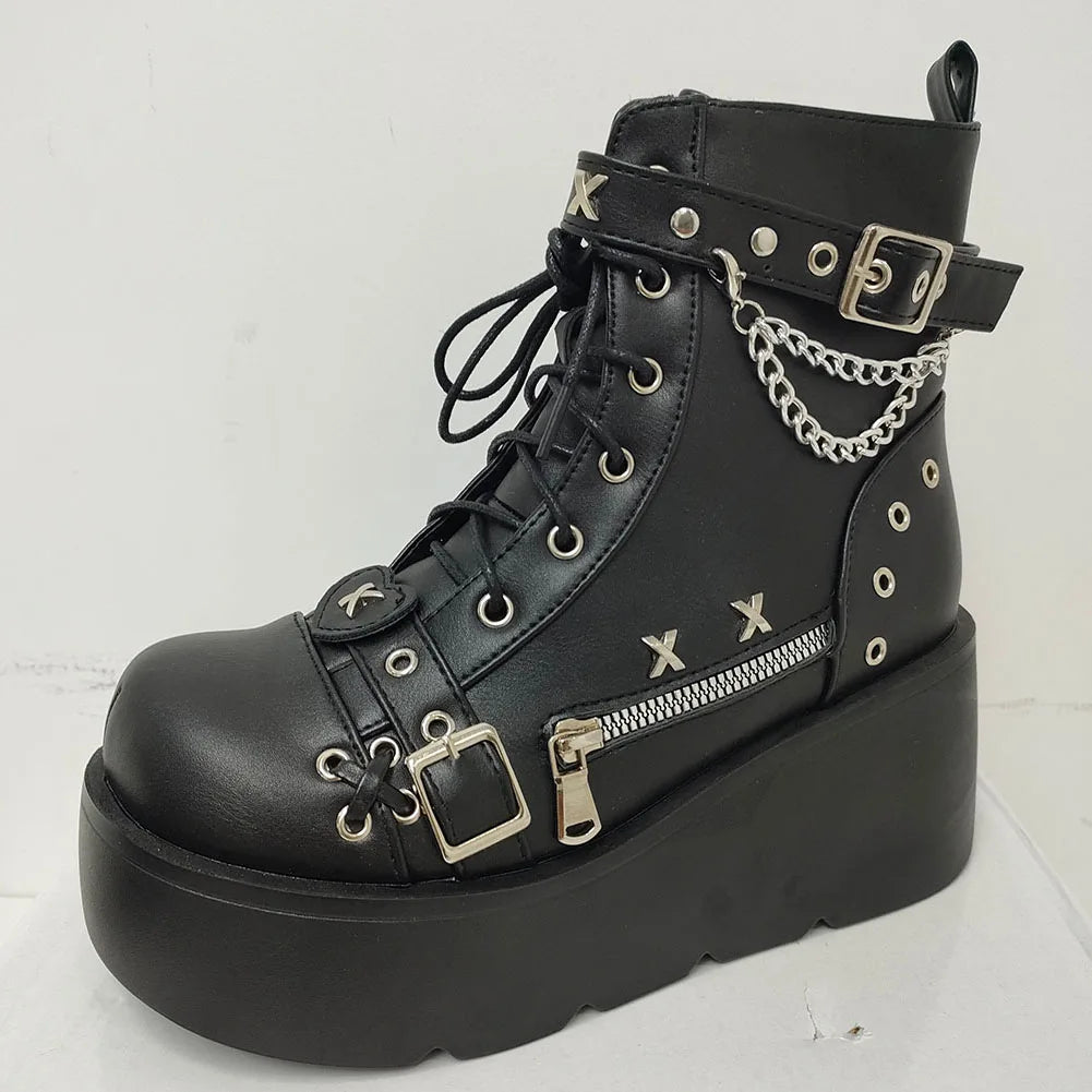 Brand New Ladies Goth Platform Ankle Boots Fashion Buckle Zip Rivet Punk Wedges High Heels Womens Boots Party Street Woman Shoes