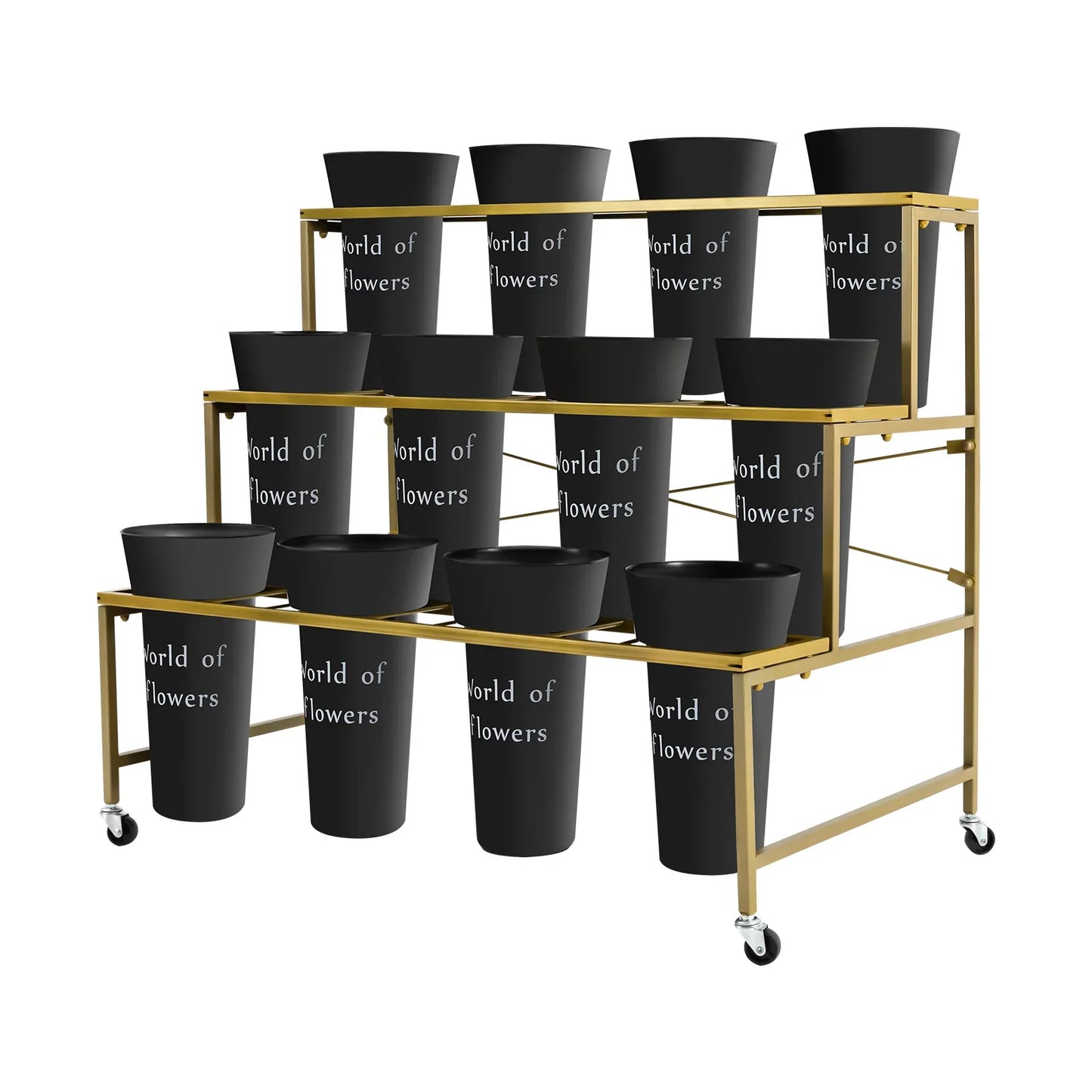 3-Layer Metal Flower Display Stand with 12 Round Buckets, Heavy Duty Rolling Plant Cart with Lockable Wheels, 110lbs Load Bearing Movable Plant Shelf for Indoor Living Room Balcony Florist