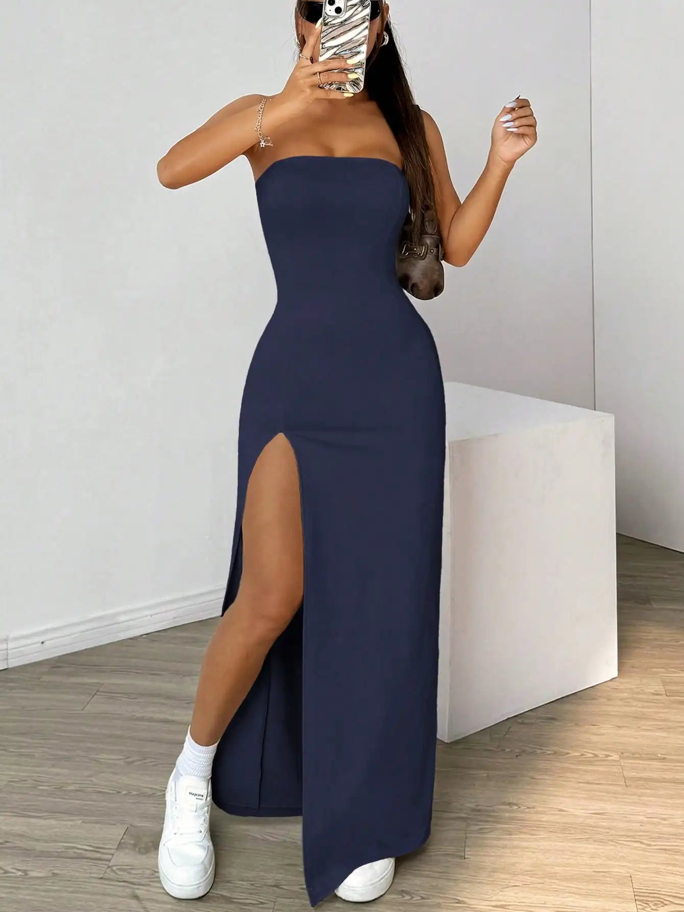 Elegant ladies strapless camisole, simple basic solid color long dress, casual, semi-formal occasions,