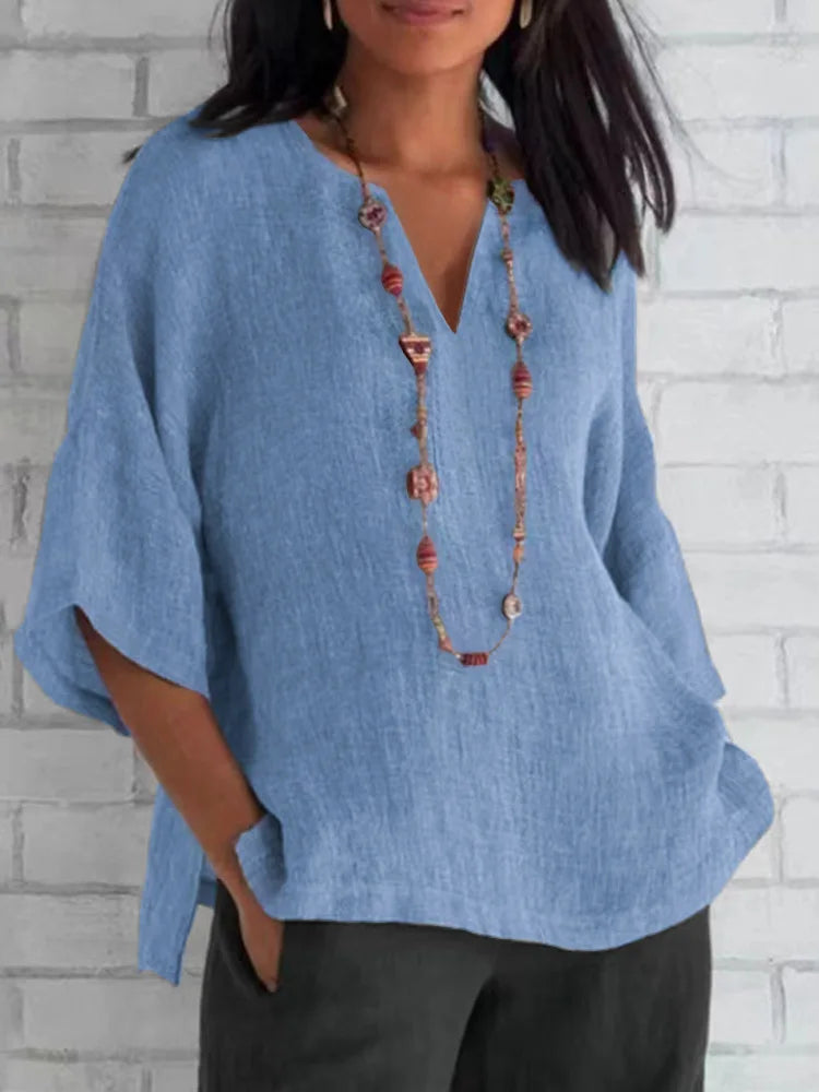 Women's Solid Colour Cotton Linen Shirt 2023 Spring/Summer V-Neck 3/4 Sleeve Loose Casual Blouse Women Tops S-3XL