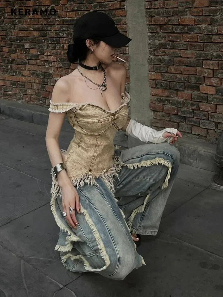 Women's Washed Y2K Baggy Japanese 2000s Denim Trouser Vintage Casual Tassels Pants Female Street Trashy Retro High Waist Jeans