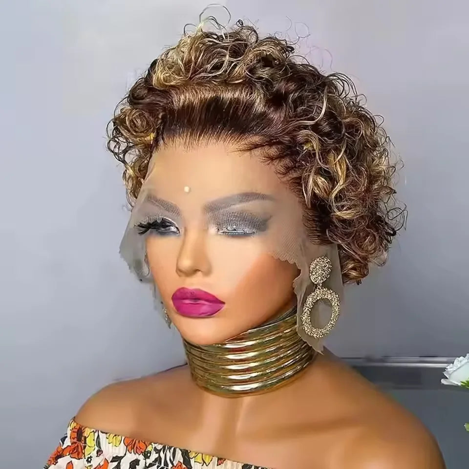 Short Pixie Cut Wig Curly Bob Lace Front Human Hair 200Density 13X1 Lace Brazilian Wig