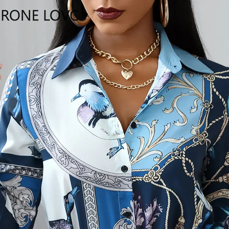 Women Bird Scarf Print Long Sleeve Shirt Blouse Spring Tops and Blouses
