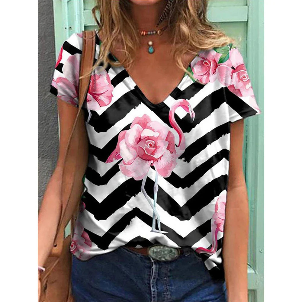 Women's T-shirts Fashion Tops V-neck Colorful Butterfly T Shirt Female Short Flowers Print Casual Tees Summer Oversized Clothes