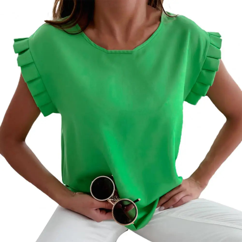 O-Neck Elegant Simple Lady Shirt Ruffle Short Sleeve Solid Color Summer Blouse Women's Tops Blusa Mujer Female Blusas