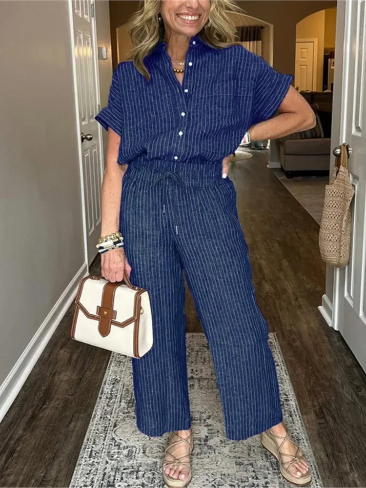 Classic Spring Autumn Cotton Linen Striped Printed Short Sleeve Shirt 2 Piece Set Retro Casual Loose Waist Trousers Women's Suit
