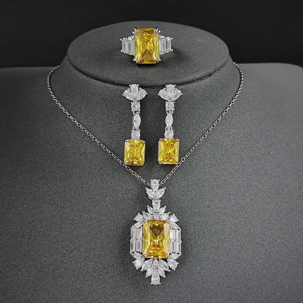 Fashion Niche Yellow Color Zircon Earring Ring Necklace Three-Pieces Set For Women Party Birthday Custom Jewelry