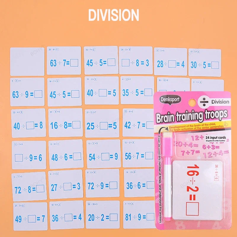 Mathematical Math Learning Tool Montessori Training Math Erasable Add Subtract Multiply and Division Table Cards Seheck for Kids