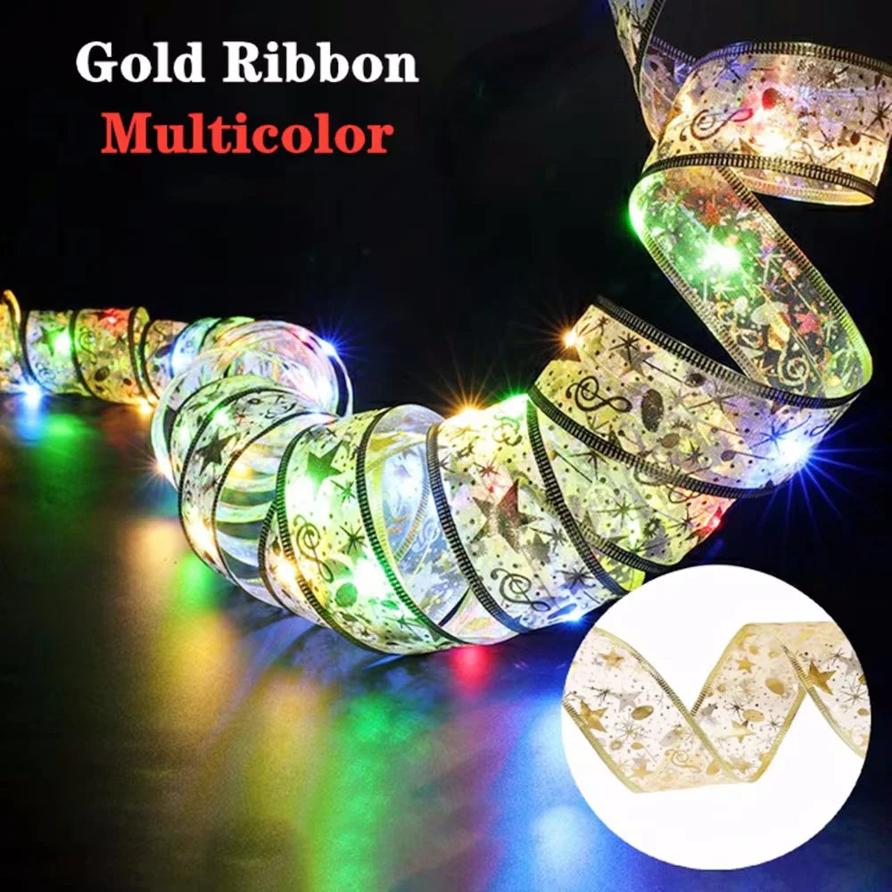 Christmas Luminous Bow Decoration Golden Christmas Ribbon Fairy String Lights for Home Party Christmas Tree and Gift Decor