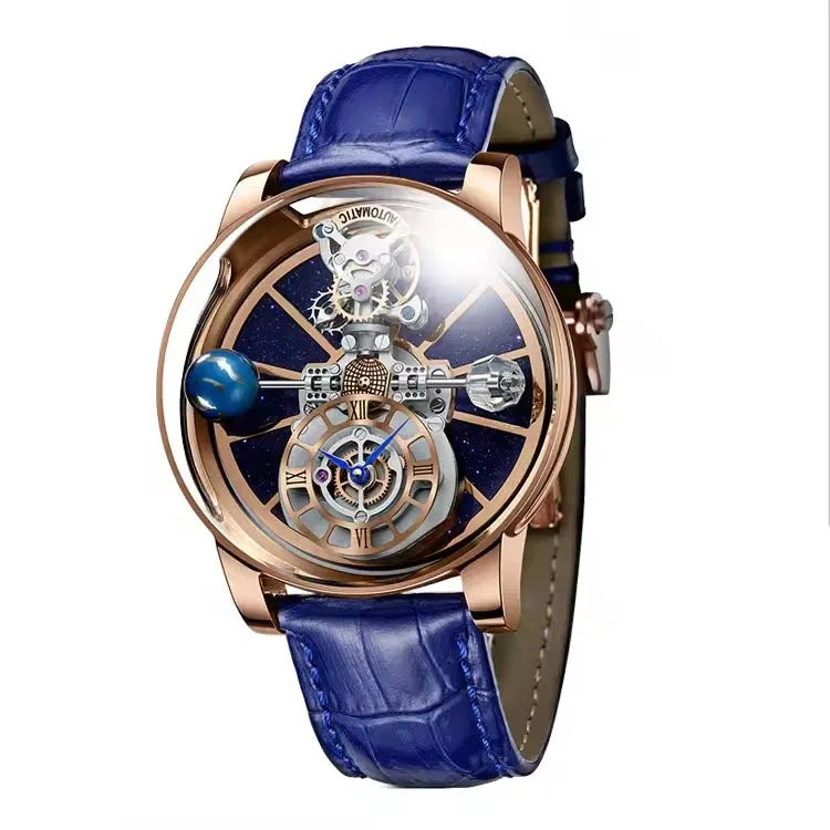 PINDU Design Man Wristwatch Transparent Hollow Design Celestial Roulette Quartz Watches Water Resistant Leather Men's Watch Box