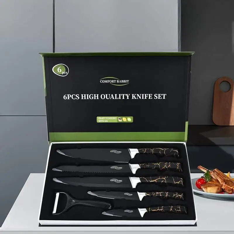 Kitchen knife set, stainless steel non-stick knife, black-edged marble, rose gold six-piece set, 2025 explosion.