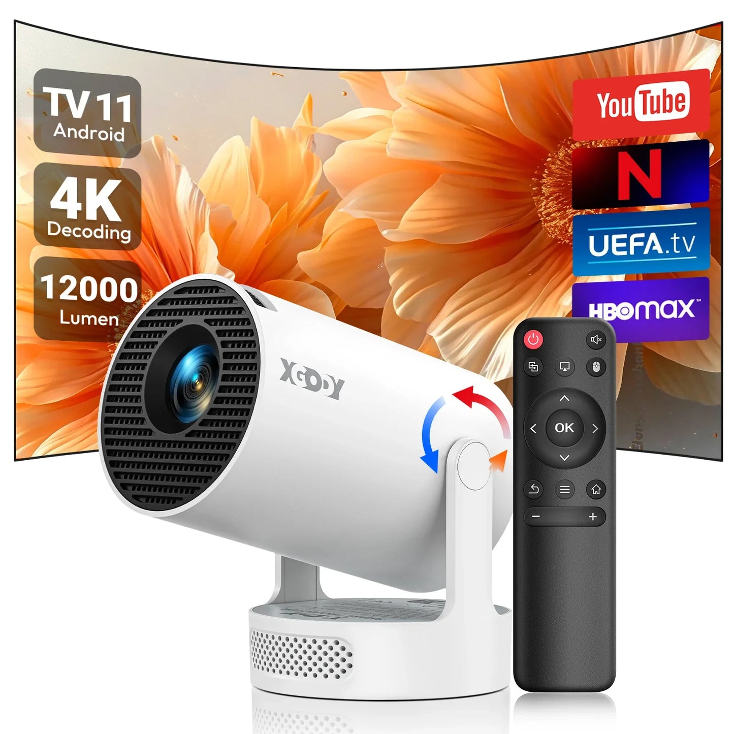 XGODY Mini 4K Projector, 720P Native 300 ANSI, Android 11 Short Throw Smart Projector WiFi 6 BT5.4, 180° Stand, Auto Keystone for Home Theater Bedroom Gift