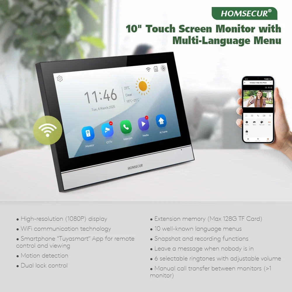 Tuya Smart APP WIFI HD 10” Video Doorphone Entry Intercom System 4 Wire IP65 1080P Doorbell Camera Recording Snapshot