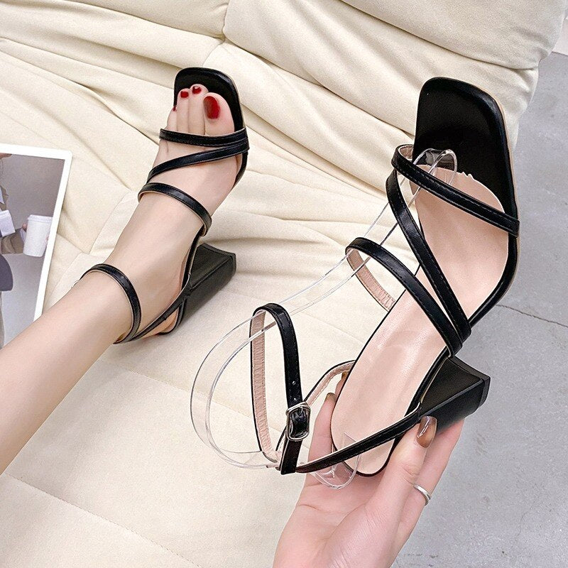 Sexy Women's High Heels 2022 Summer New Fashion Open Toe Luxury Designer Party Sandals Casual Square Toe Narrow Band Women Pumps
