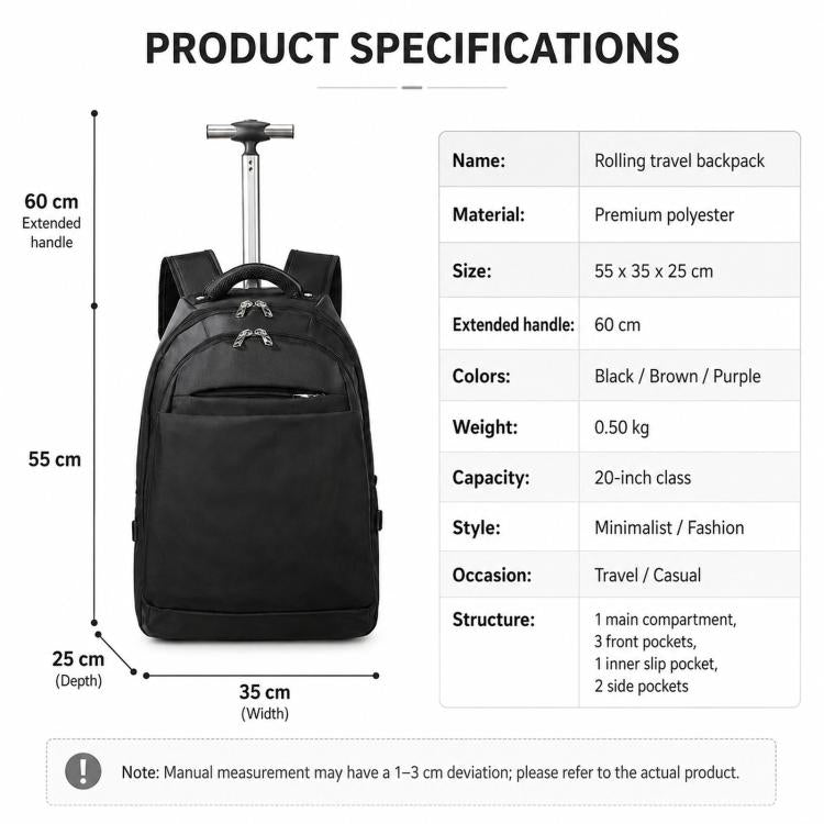 20 Inch Rolling Backpack for Travel Wheeled Laptop Backpack with Hidden Straps Carry On Trolley Bag for Business School