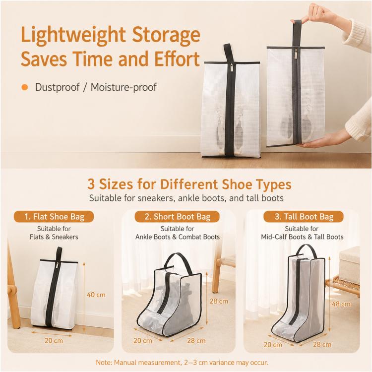 Clear Boot Storage Bags Waterproof Shoes Dust Cover With Handle & Zipper, 28x20x28cm Gray, 28x20x28cm Black, 28x20x48cm Gray, 28x20x48cm Black, 20x40cm Gray, 20x40cm Black