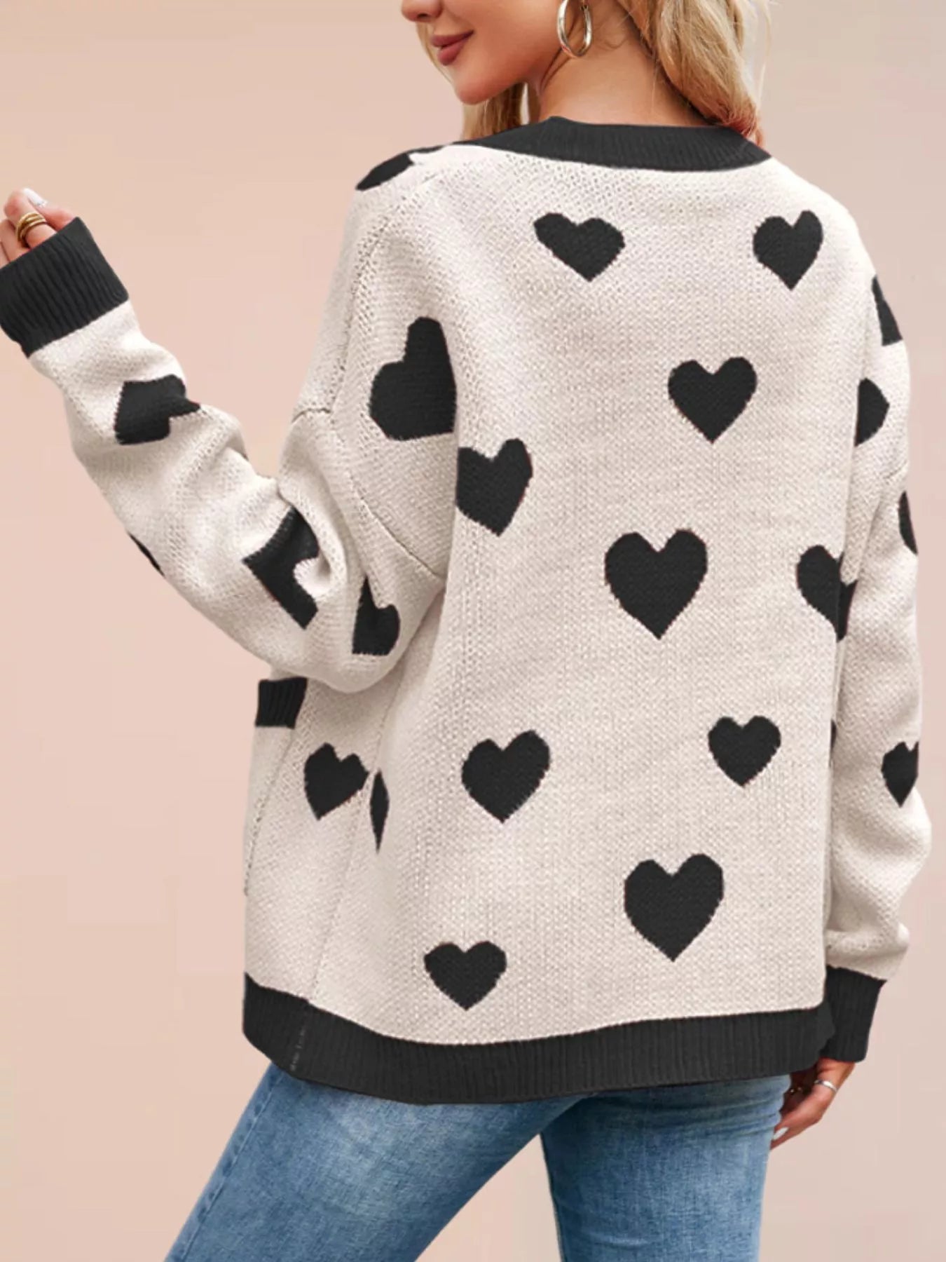 Heart Pattern V-Neck Button-Down Knit Cardigan