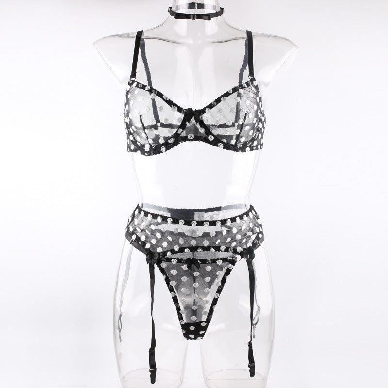 Polka Dot Lingerie Four-piece Set With Scarf Waist Bow Ultra-thin See-through