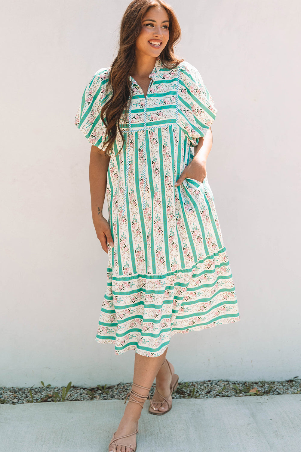 Billie Striped Floral Tie Split Neck Puff Sleeve Midi Dress