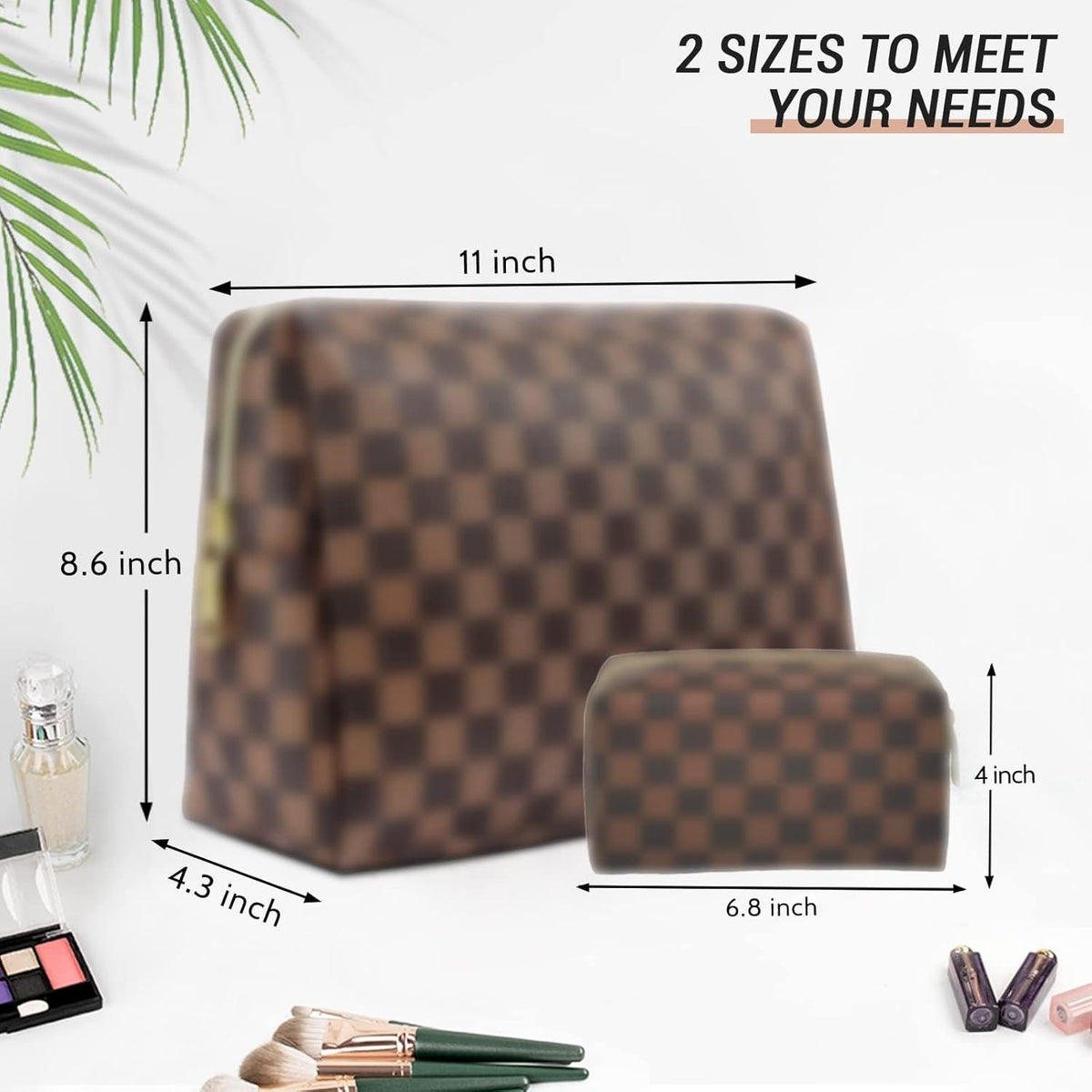 Brown checkered waterproof leather makeup square bag/flat bag 2-piece set, portable makeup travel makeup bag