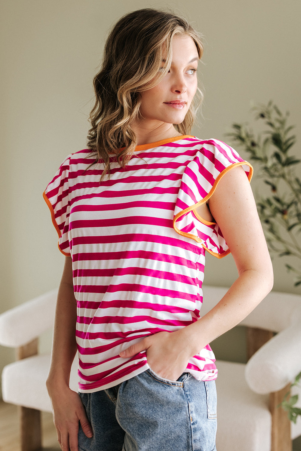 GloriaStriped Ruffle Sleeve Crew Neck Blouse