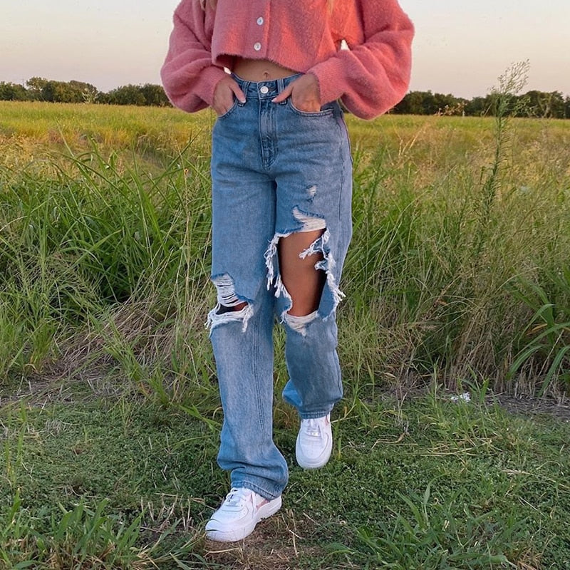 EtherealBe hollow out ripped denim pants - High-Waist Baggy