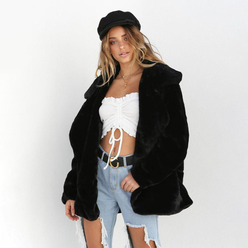 Women’s Solid Color Shawl Collar Faux Fur Coat