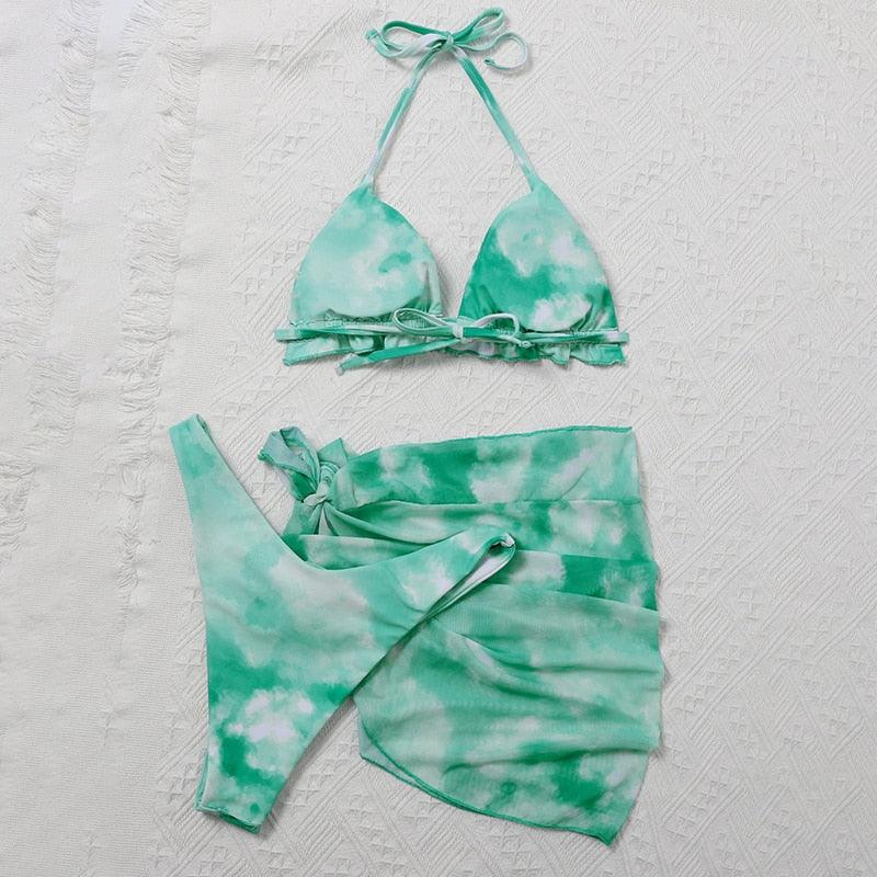 3 Piece Women Bikini Modern Swimsuit Women High Cut Suit Halter Swimwear Women's Bikini Swimsuits With Wrap Skirt Lace Up Pieces Strings High Cut Bikini Set Bathing Suits Female Triangle Backless Bathing Suit