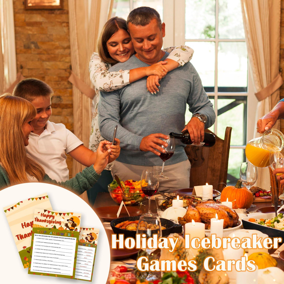Thanksgiving Top Answers Icebreaker Game Cards, 30 Cards + Answer Card