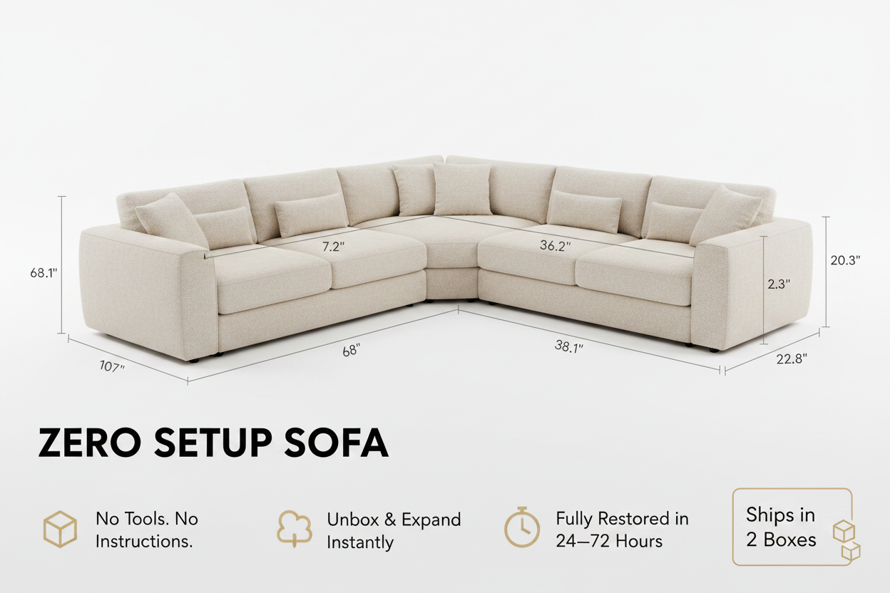 L-Shaped Sectional Sofa with Chaise, No Assembly, Ivory Beige Bouclé-Style Upholstery for Living Room