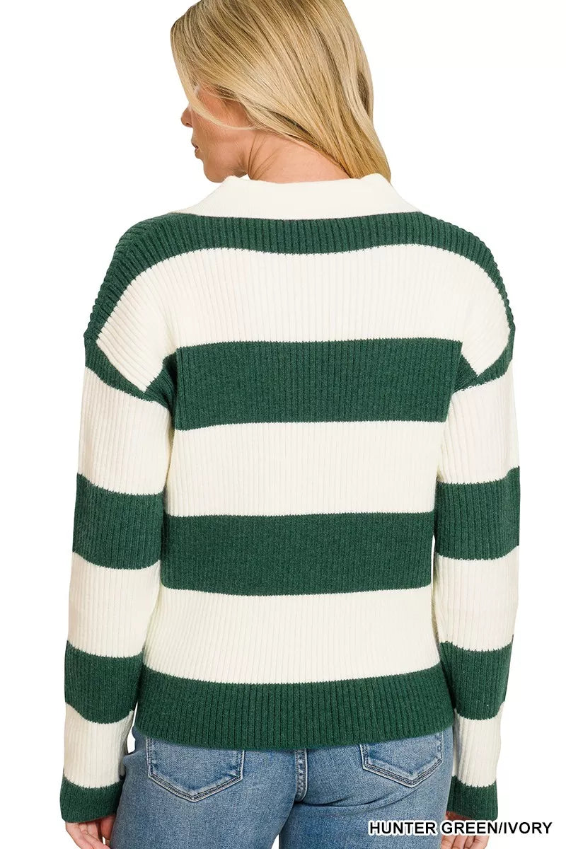 Zenana Striped Collared Sweater