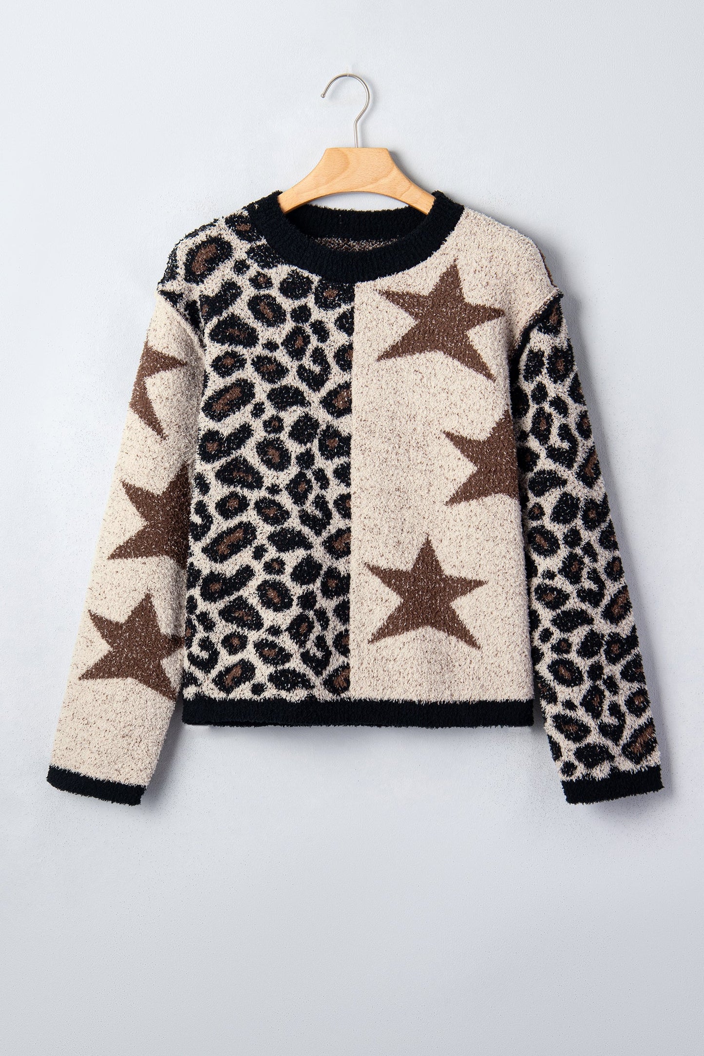 Leopard Star Patchwork Round Neck Fuzzy Sweater