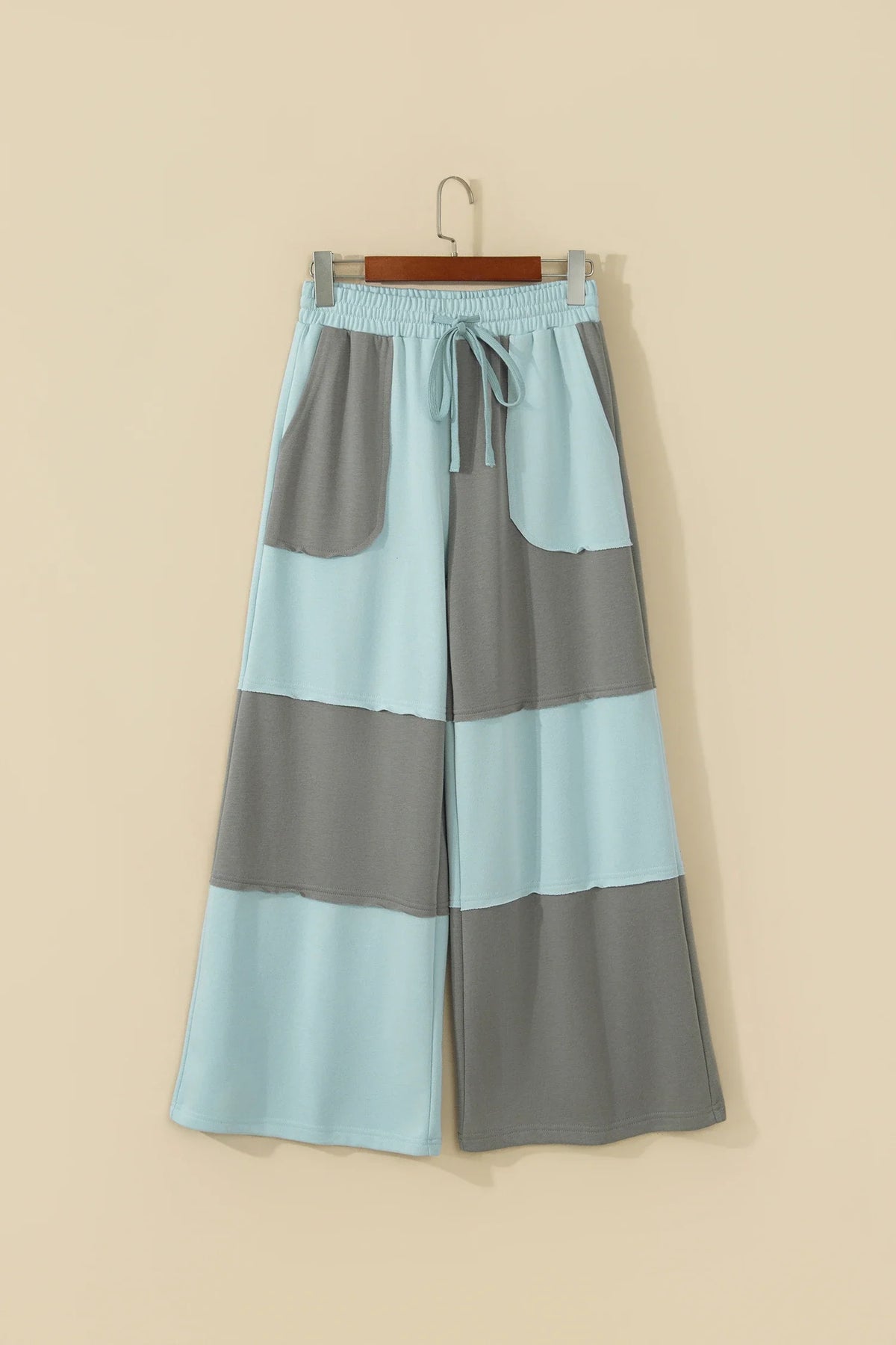 Colorblock Raw Seam Drawstring Wide Leg Pants
