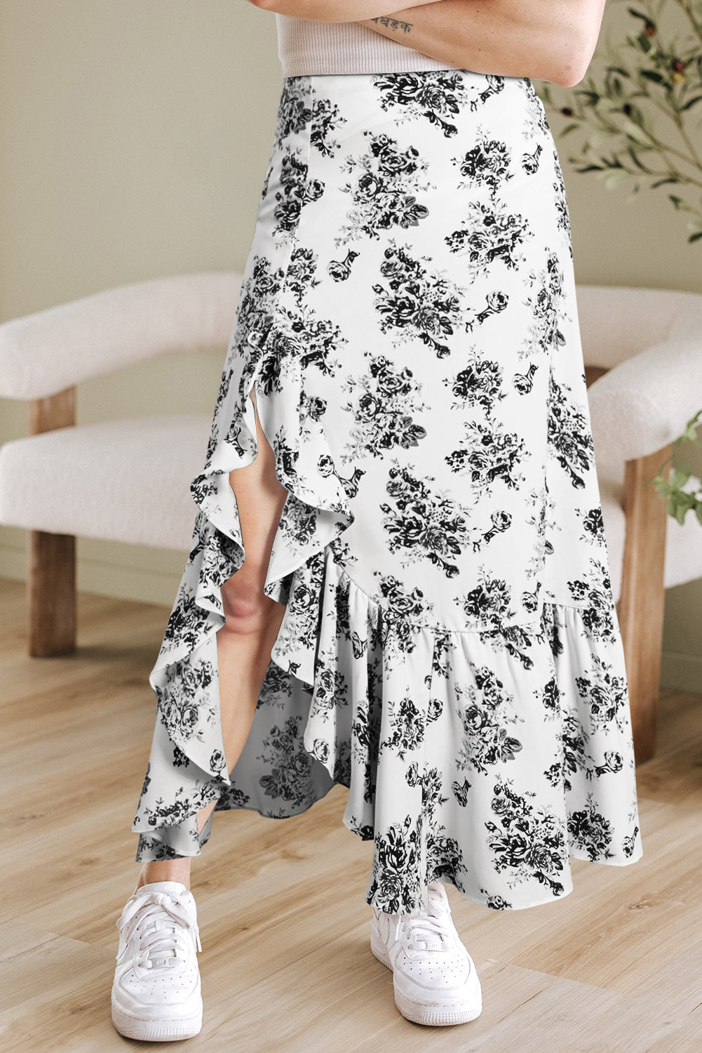 Salma Boho Floral High Waist Ruffle Split Maxi Skirt