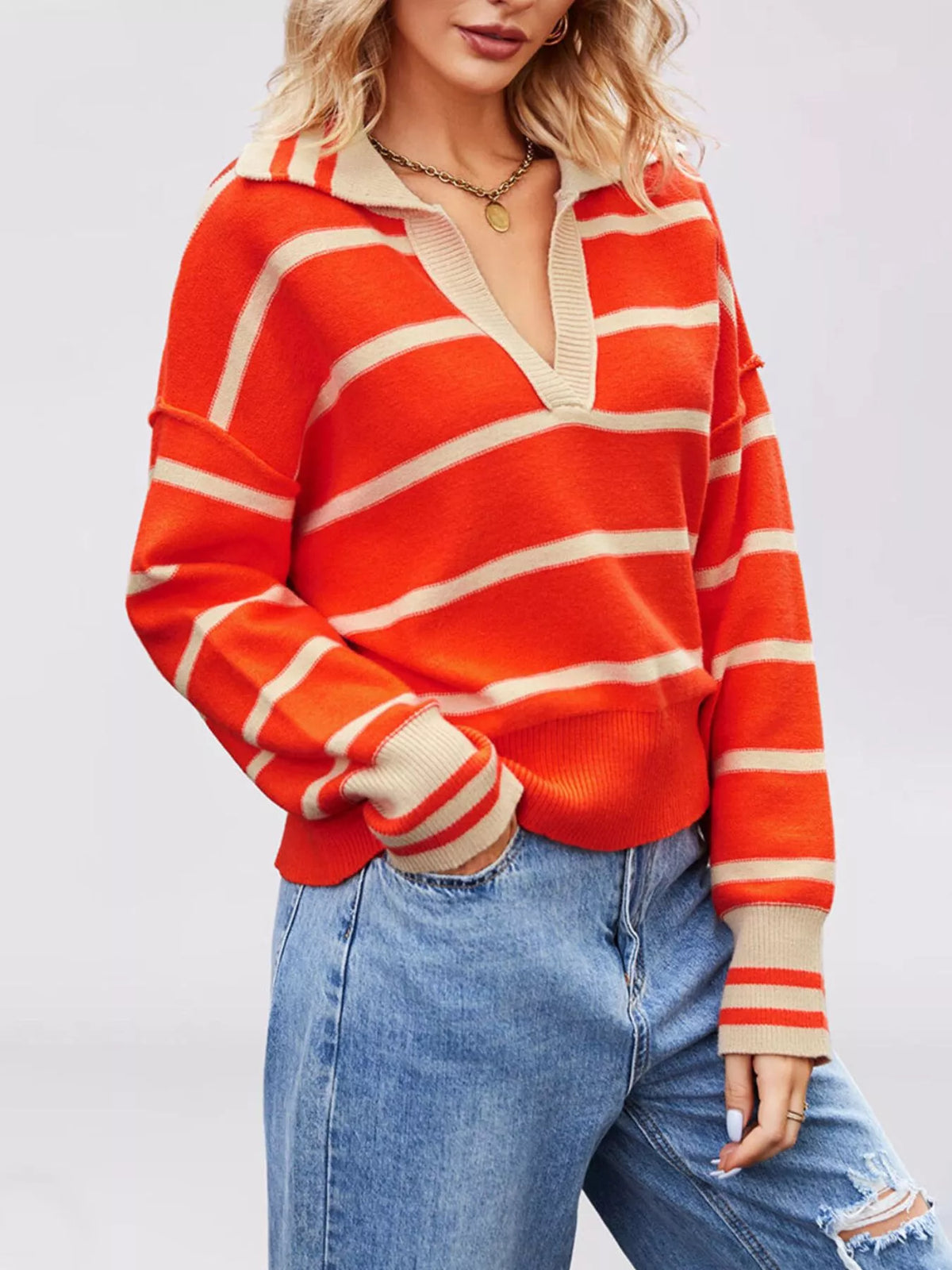Striped Johnny Collar Dropped Shoulder Sweater