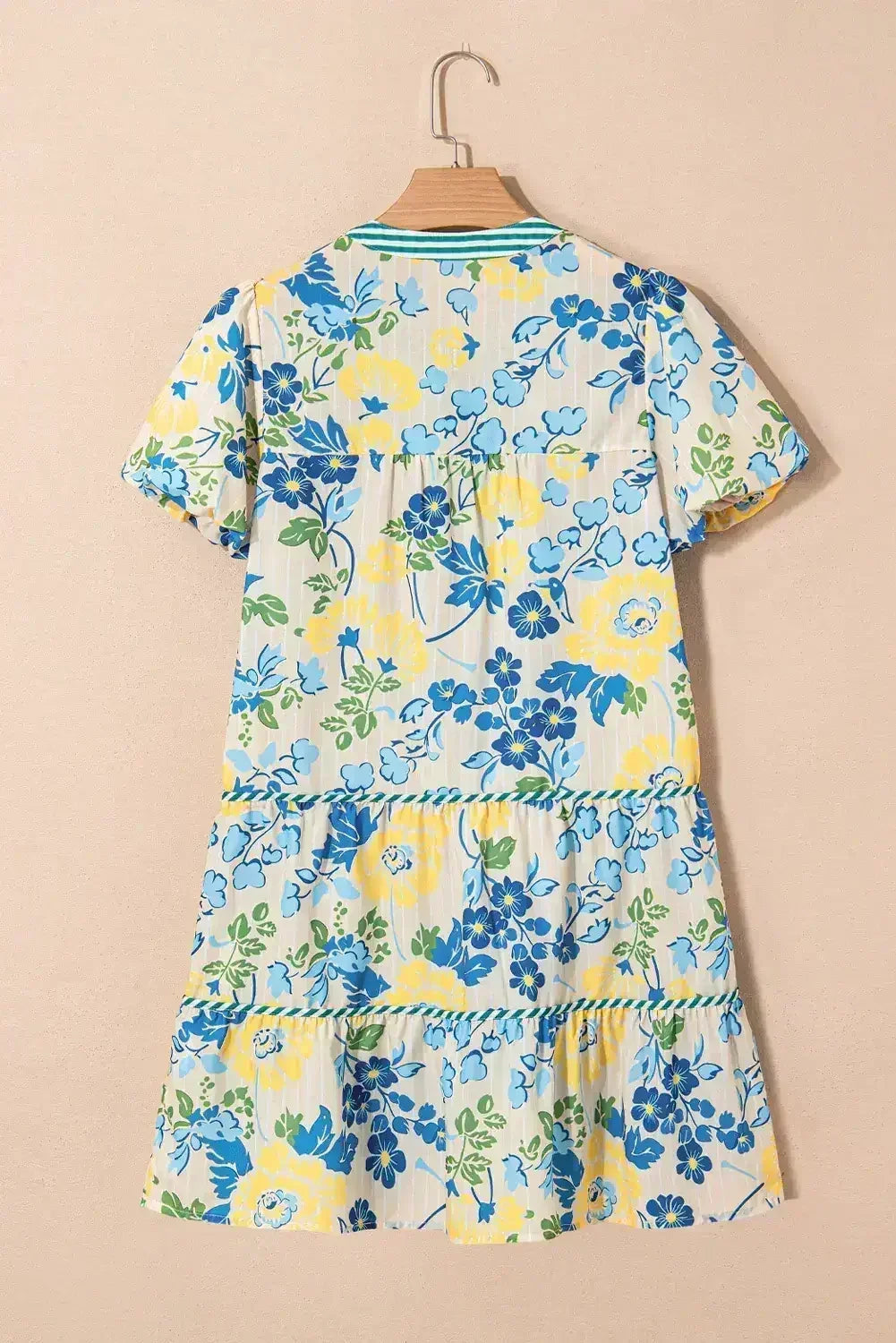Blue Floral Print Striped Trim Puff Sleeve Mini Dress