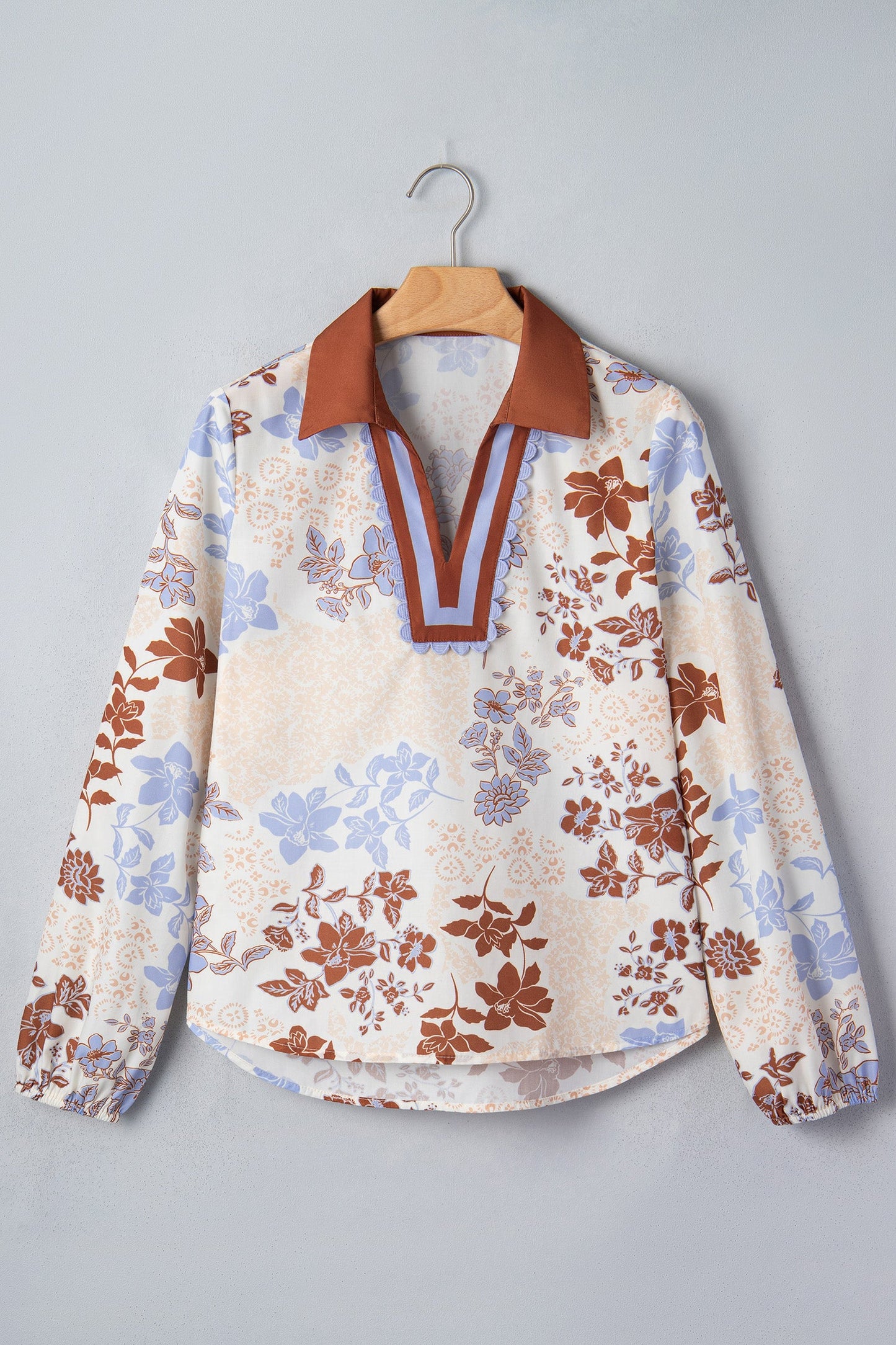 Floral Colorblock Collared V-Neck Long Sleeve Blouse