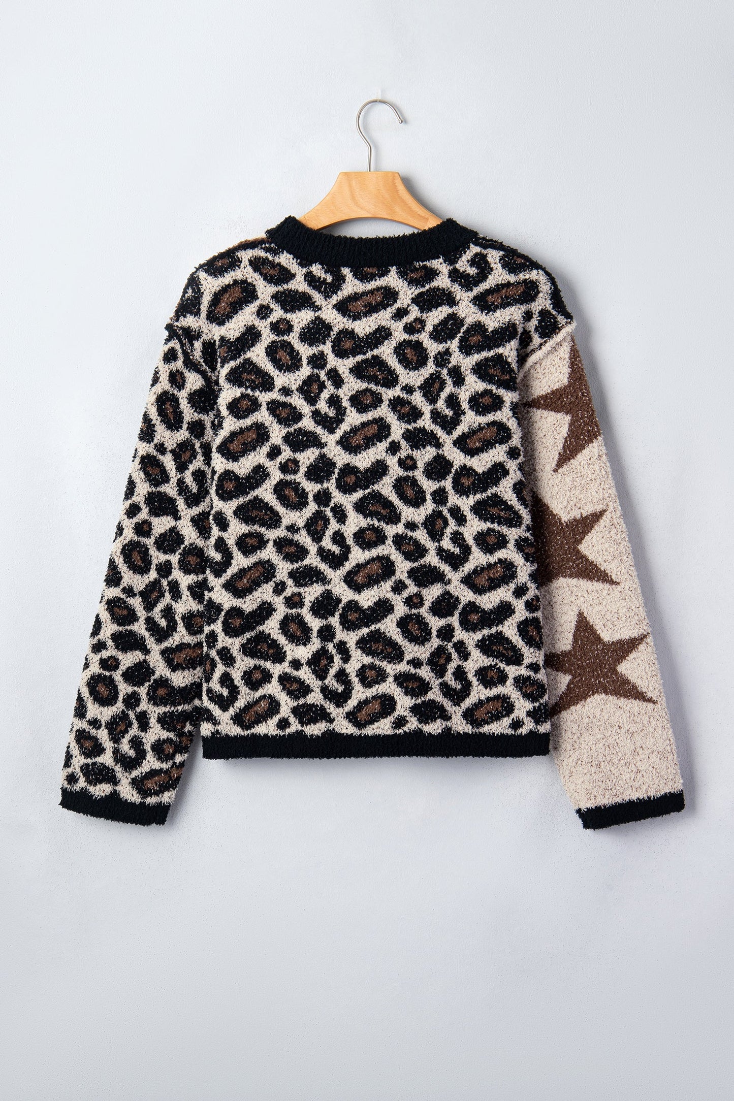 Leopard Star Patchwork Round Neck Fuzzy Sweater