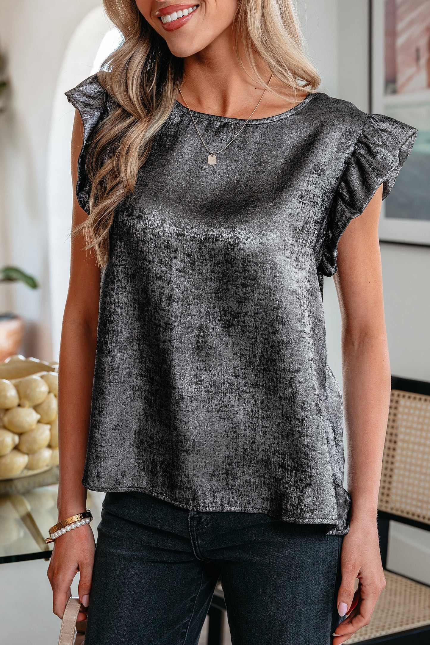 Metallic Ruffle Trim Sleeveless Round Neck Top