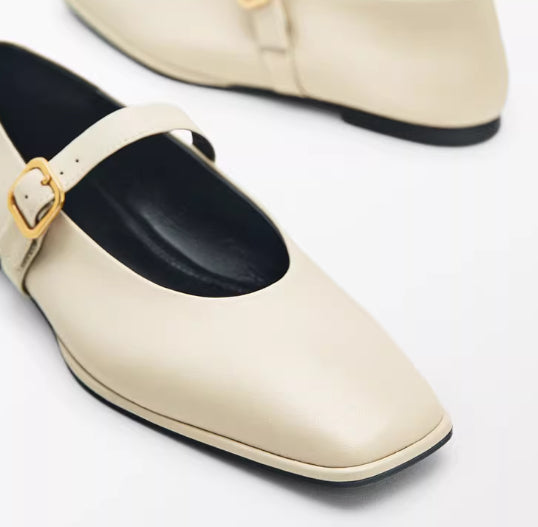 Genuine Leather Square-toe Flat Shoes For Women With Shallow Mouth And Single Strap