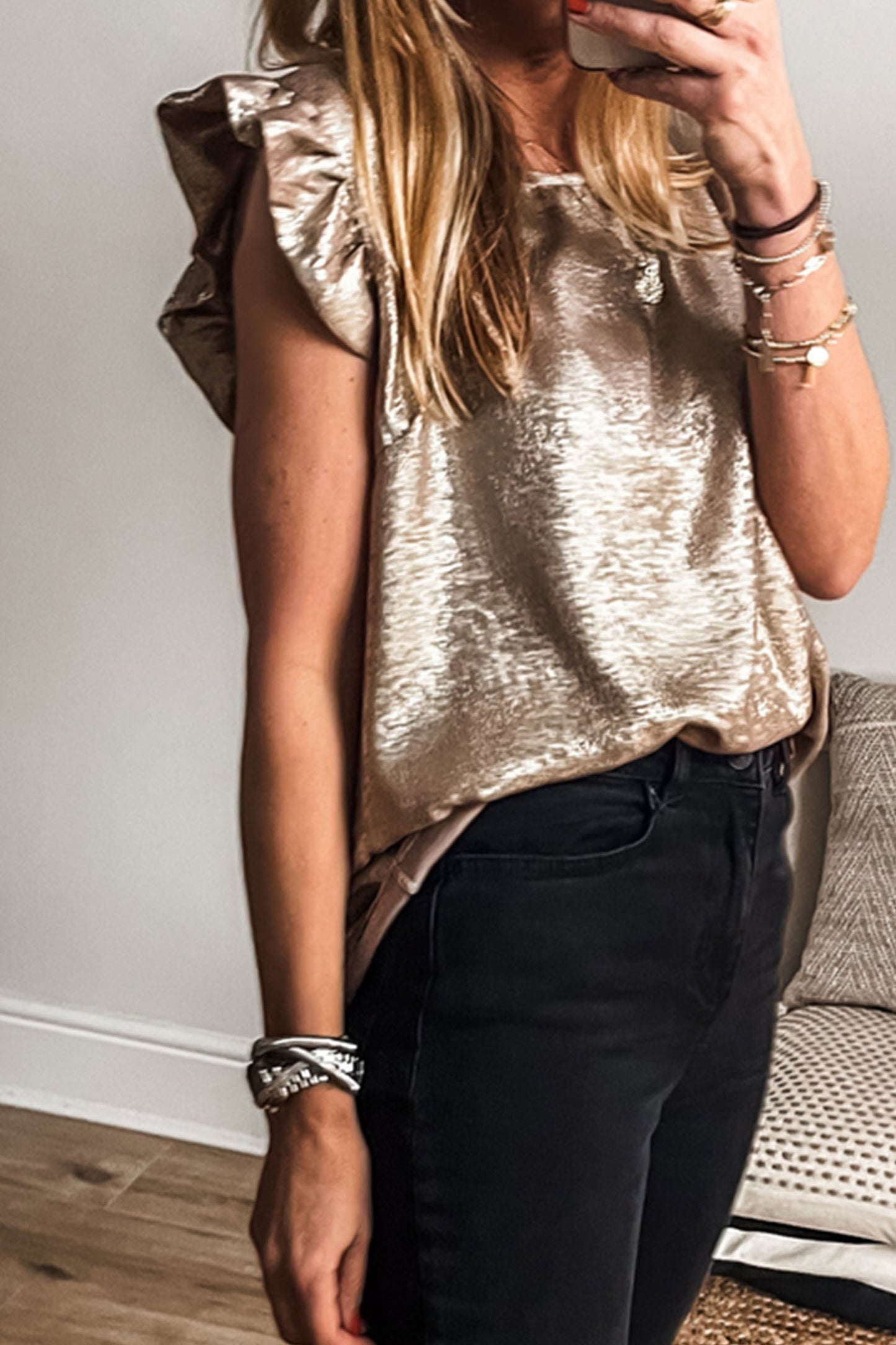 Metallic Ruffle Trim Sleeveless Round Neck Top