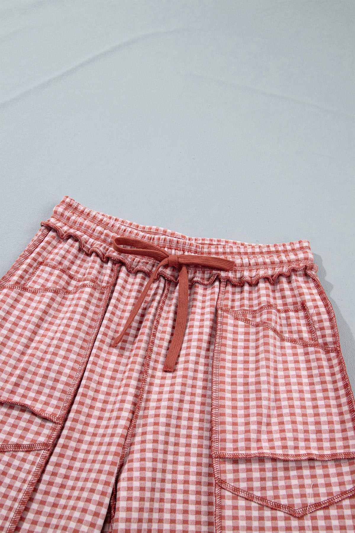 Gingham Exposed Seam Drawstring Elastic Waist Pants
