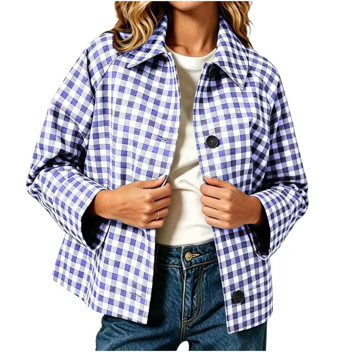 Womens Color-Block Plaid Casual Coat