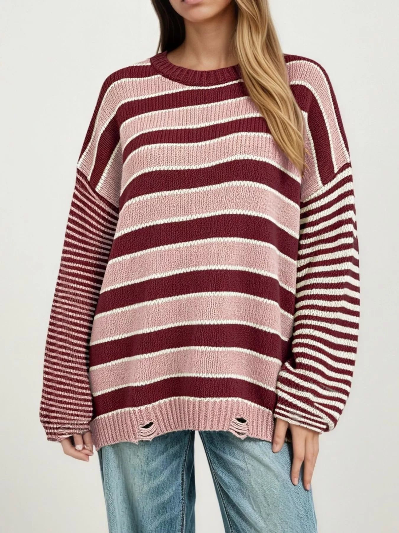Oversized Striped Distressed Sweater