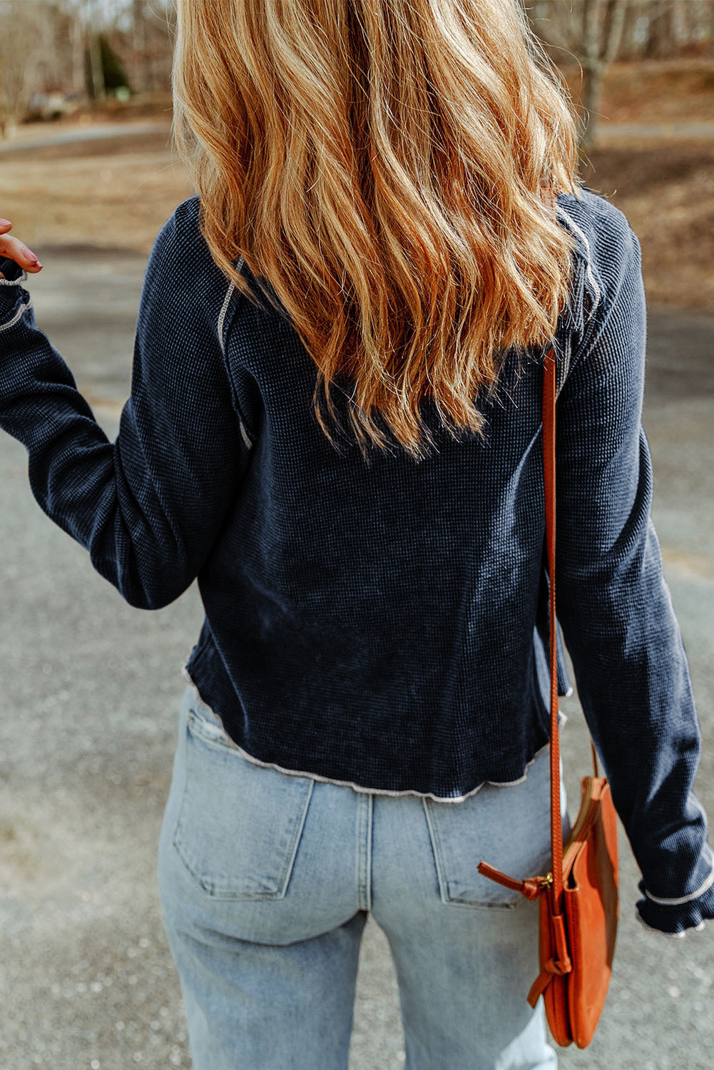 Solid Waffle Knit Round Neck Long Sleeve Top