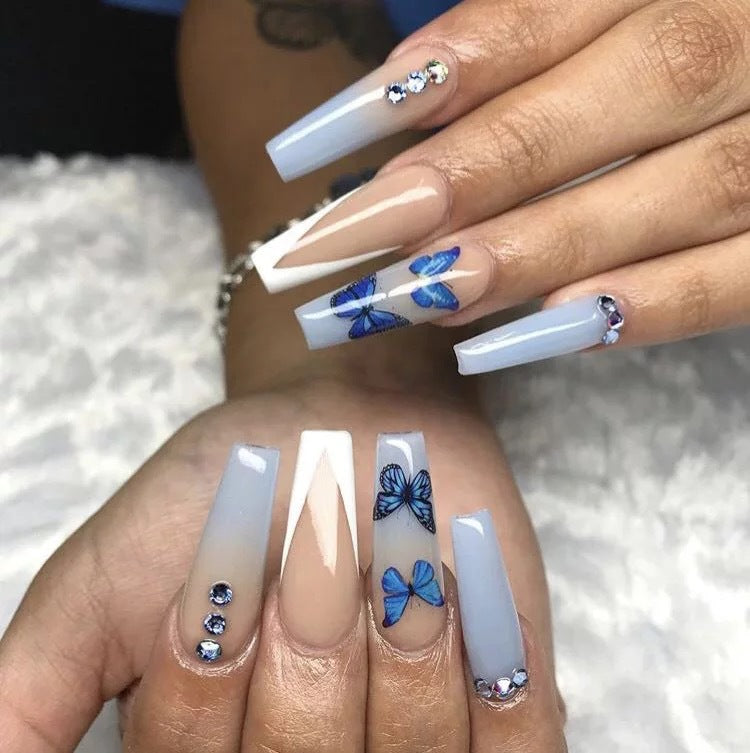 Ins Net Red With The Same Blue Butterfly Point Drill V-Shaped French Style Personality Trend Wearing Manicure Nail Patch